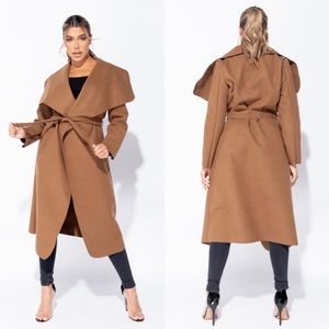 Brown Maxi Length Oversized Belted Waterfall Coat